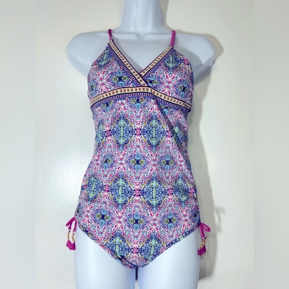 Cabana Life Girls Pink and Blue Paisley One-Piece Tassels Swimsuit 50+ UV Sz 12 - Picture 1 of 10